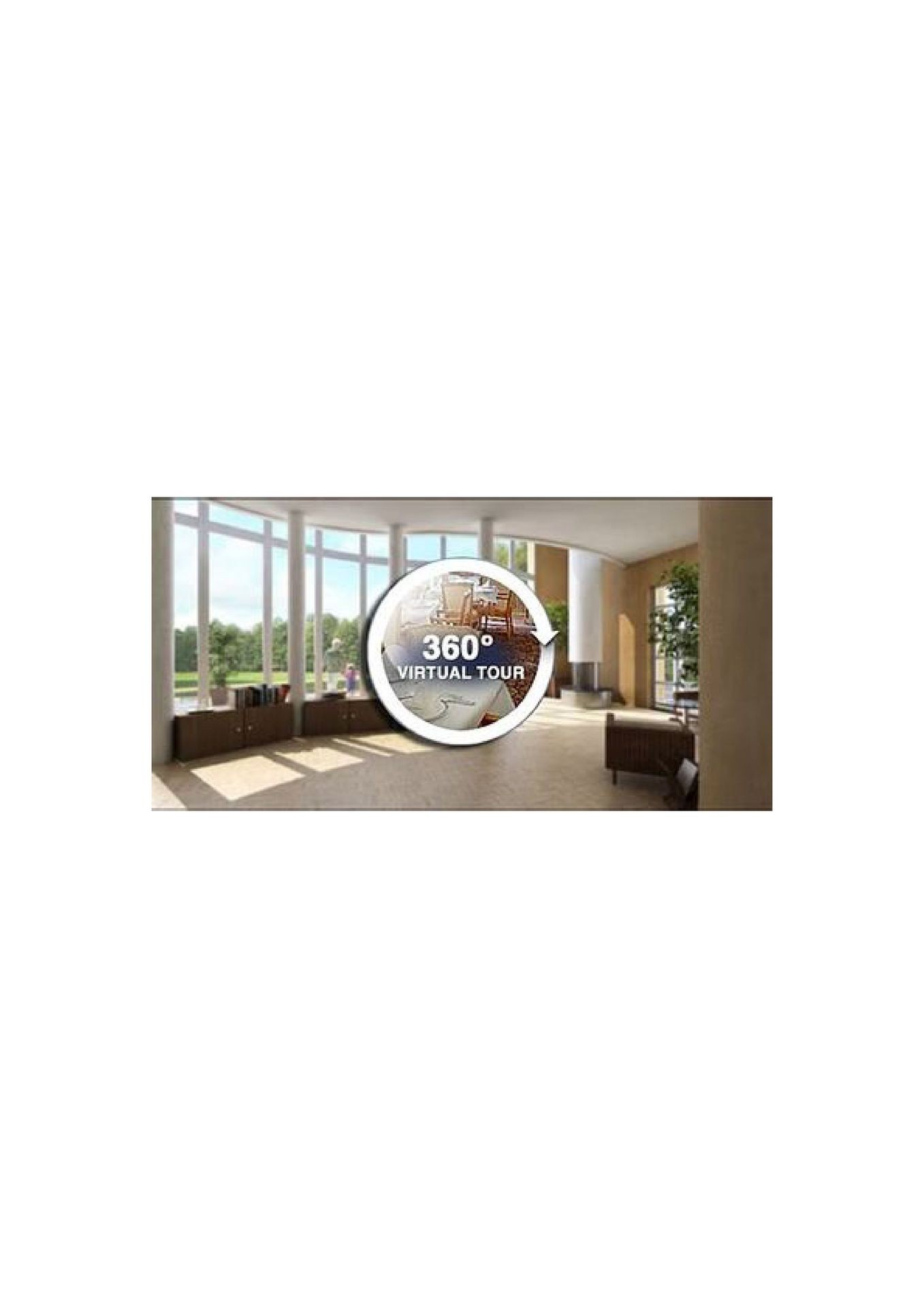 Interior with large windows and furniture, featuring a '360° Virtual Tour' icon overlay.